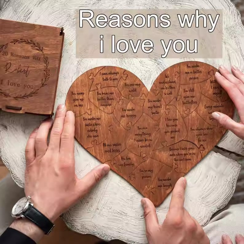 Engraved Wooden Heart Puzzle - 20 Reasons I Love You | Romantic Valentine's Day & Anniversary Gift for Boyfriend/Girlfriend