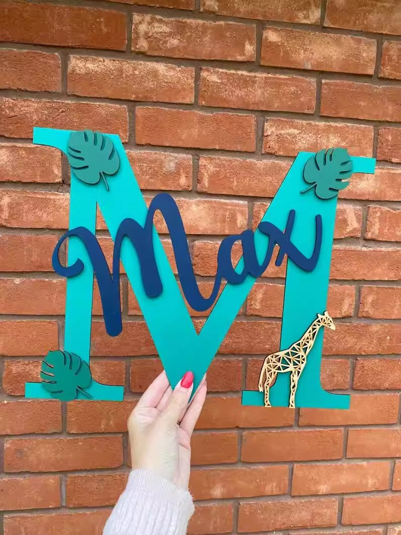Custom Initial Wooden Letter Sign, Cute Cartoon Kids Room Wall Decor, Personalized Baby Shower Gift