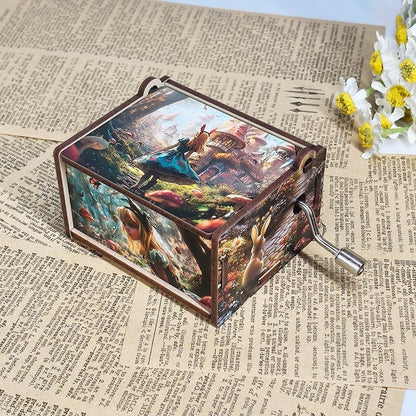 Hand-Cranked Musical Jewelry Box - Alice in Wonderland Theme, Wooden Carousel for Girls Room Decor, Birthday Gift