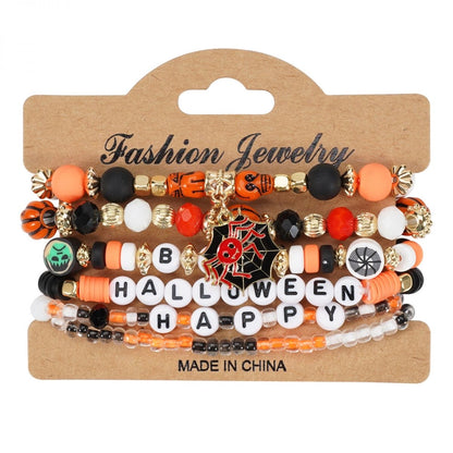 Halloween Charm Bracelet + Multi-layer Drop Dangle + with Bat Pumpkin Charms + Crystal & Clay Beads + for Women Party