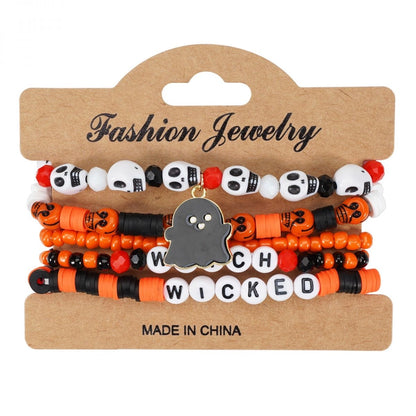 Halloween Charm Bracelet + Multi-layer Drop Dangle + with Bat Pumpkin Charms + Crystal & Clay Beads + for Women Party