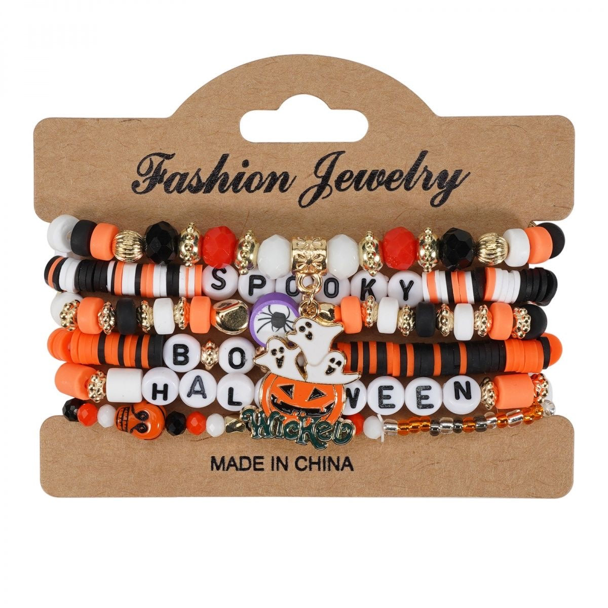Halloween Charm Bracelet + Multi-layer Drop Dangle + with Bat Pumpkin Charms + Crystal & Clay Beads + for Women Party