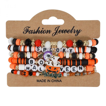 Halloween Charm Bracelet + Multi-layer Drop Dangle + with Bat Pumpkin Charms + Crystal & Clay Beads + for Women Party