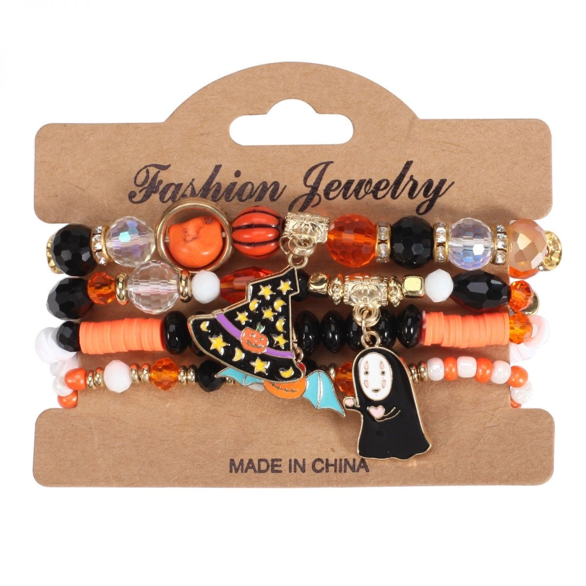 Halloween Charm Bracelet + Multi-layer Drop Dangle + with Bat Pumpkin Charms + Crystal & Clay Beads + for Women Party