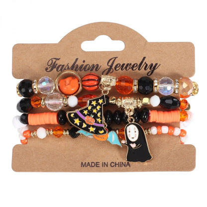 Halloween Charm Bracelet + Multi-layer Drop Dangle + with Bat Pumpkin Charms + Crystal & Clay Beads + for Women Party