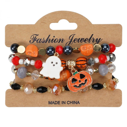 Halloween Charm Bracelet + Multi-layer Drop Dangle + with Bat Pumpkin Charms + Crystal & Clay Beads + for Women Party