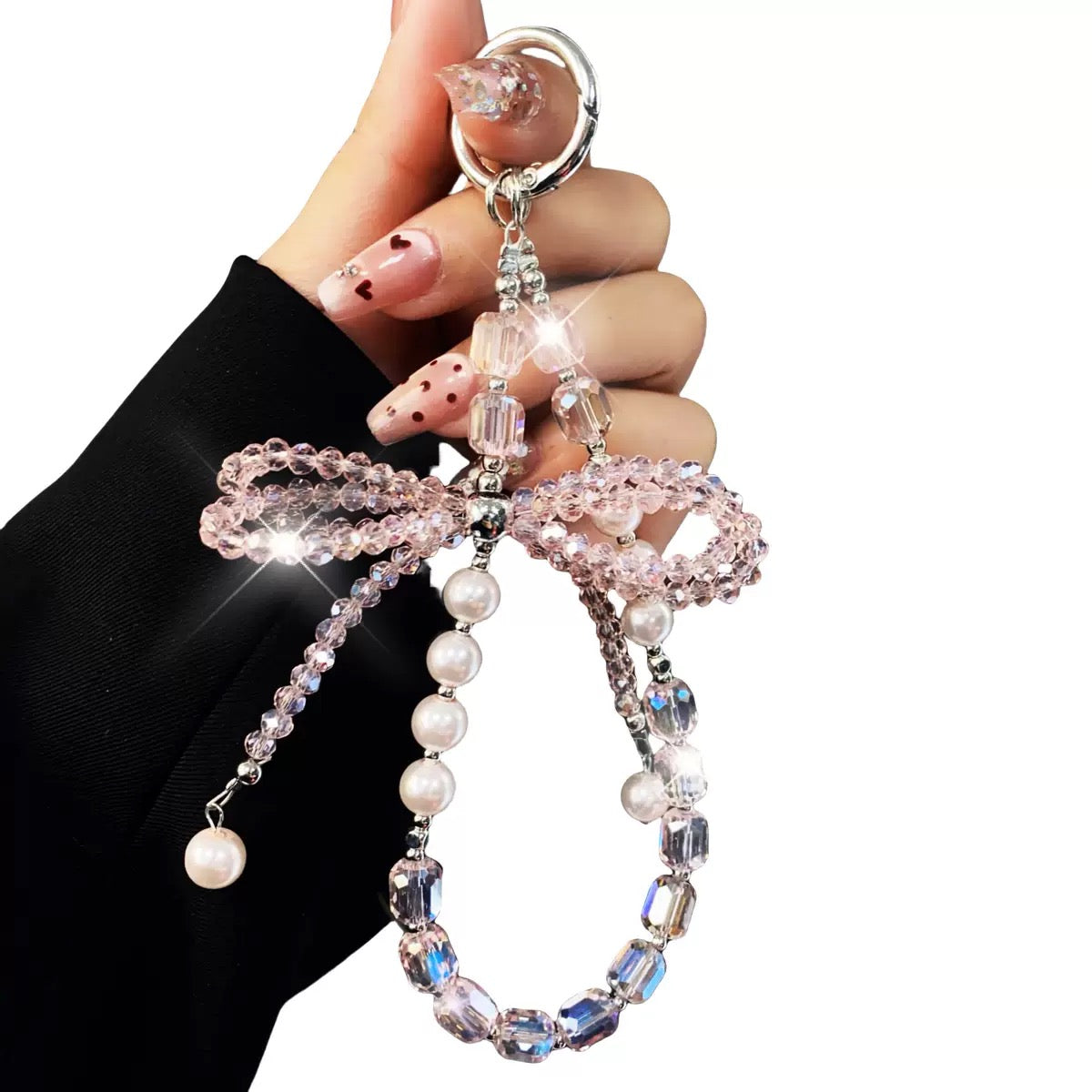 This version positions the product as an ideal gift solution with elegant packaging for special occasions.  Elegant Crystal Bow Phone Chain Gift Set - Luxury Rhinestone Accessory with Detachable Bracelet, Perfect Purse Keychain