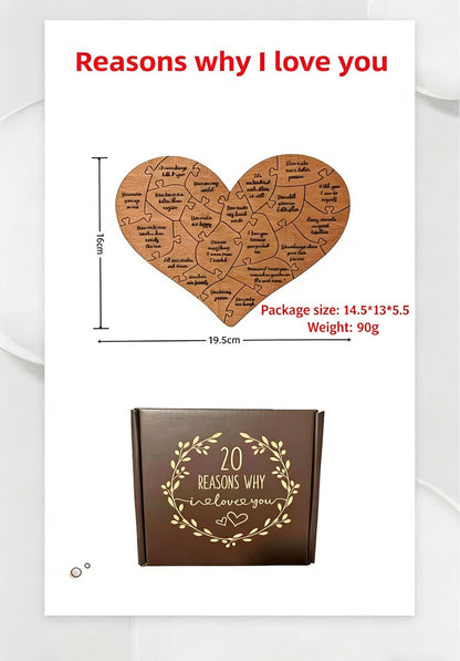 Engraved Wooden Heart Puzzle - 20 Reasons I Love You | Romantic Valentine's Day & Anniversary Gift for Boyfriend/Girlfriend