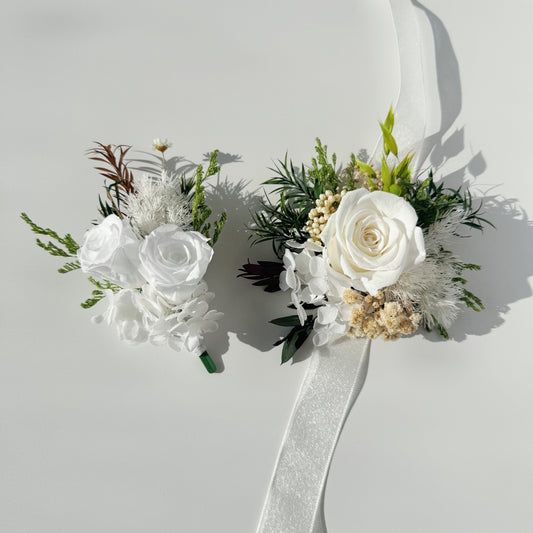 Luxury Real Touch Flower Wedding Set - Bridal Corsage, Boutonniere, Wrist Bouquet for Bridal Party, Maid of Honor